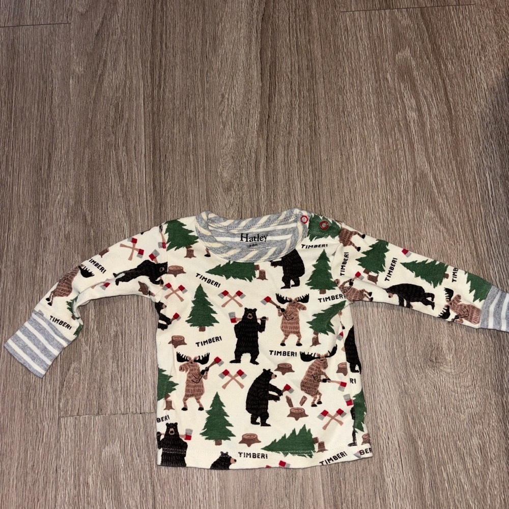 Hatley Cream and Green Timber Print Long Sleeve Tee 3-6 Months